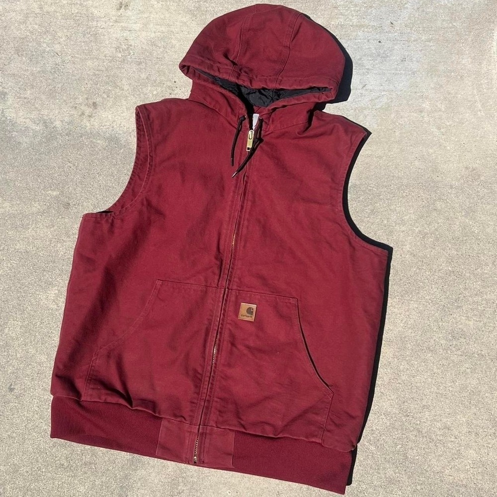Carhartt Hooded Duck Canvas Vest Quilted Lined Burgundy Red XL Mens